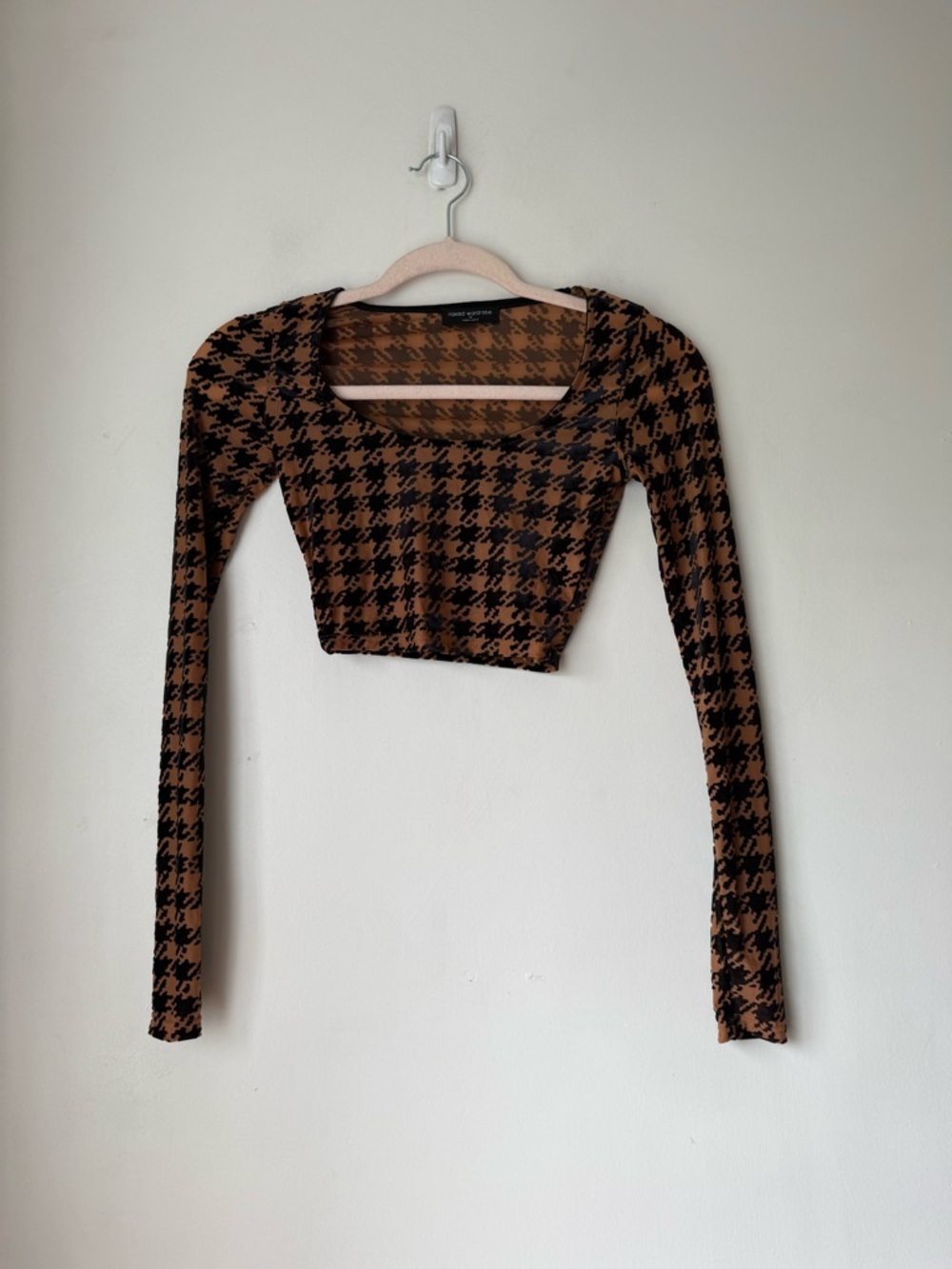 Naked Wardrobe Brown & Black Houndstooth Crop Long Sleeve Top XS